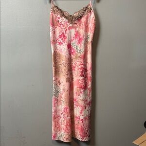Natori Floral long slip with Lace chest - Pink and Brown size XS